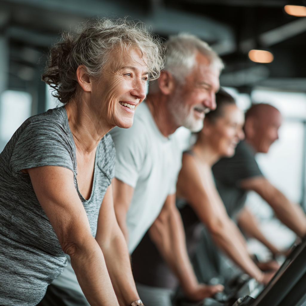 Mature adults engaging in group fitness activities in a modern gym environment