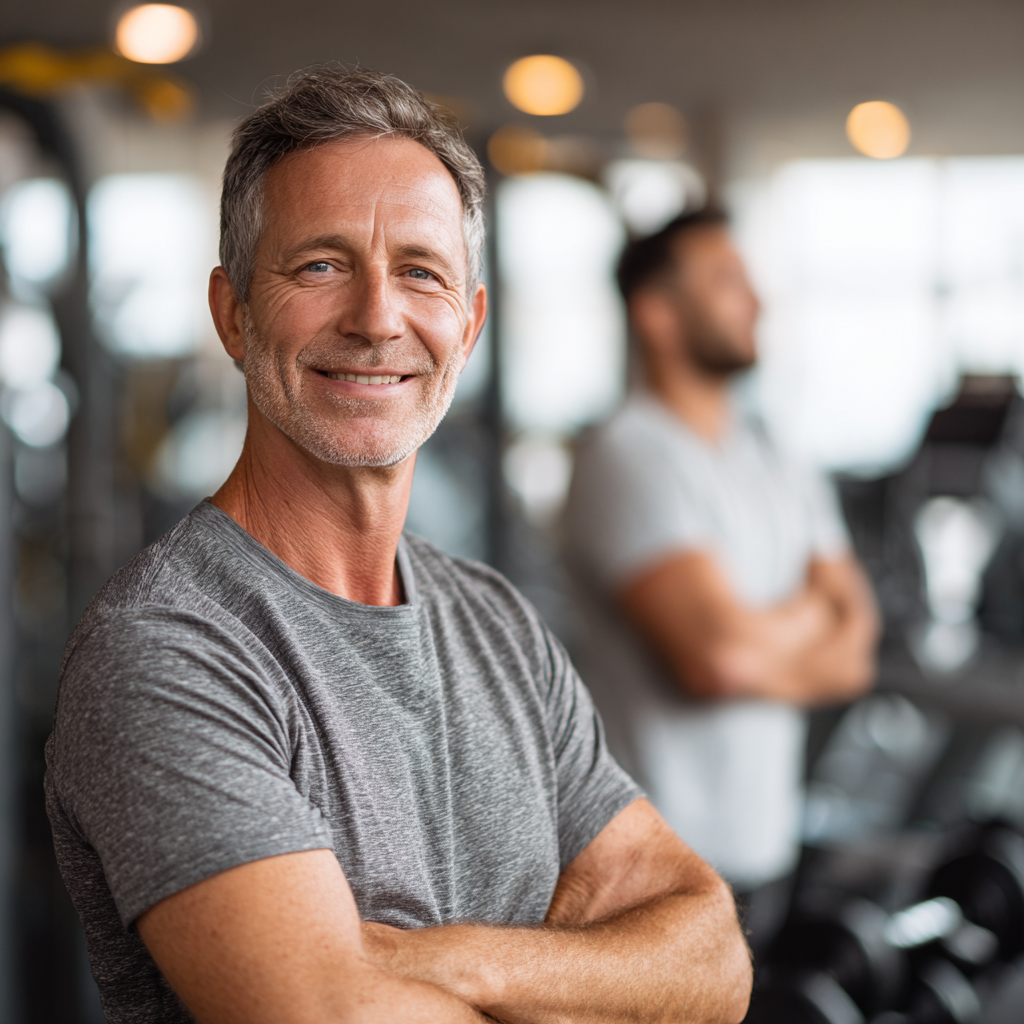 Middle-aged person demonstrating improved fitness and confidence in a gym setting